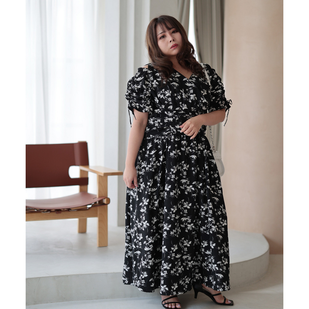 大きいサイズ レディース レトロフラワーウエストタックワンピース15