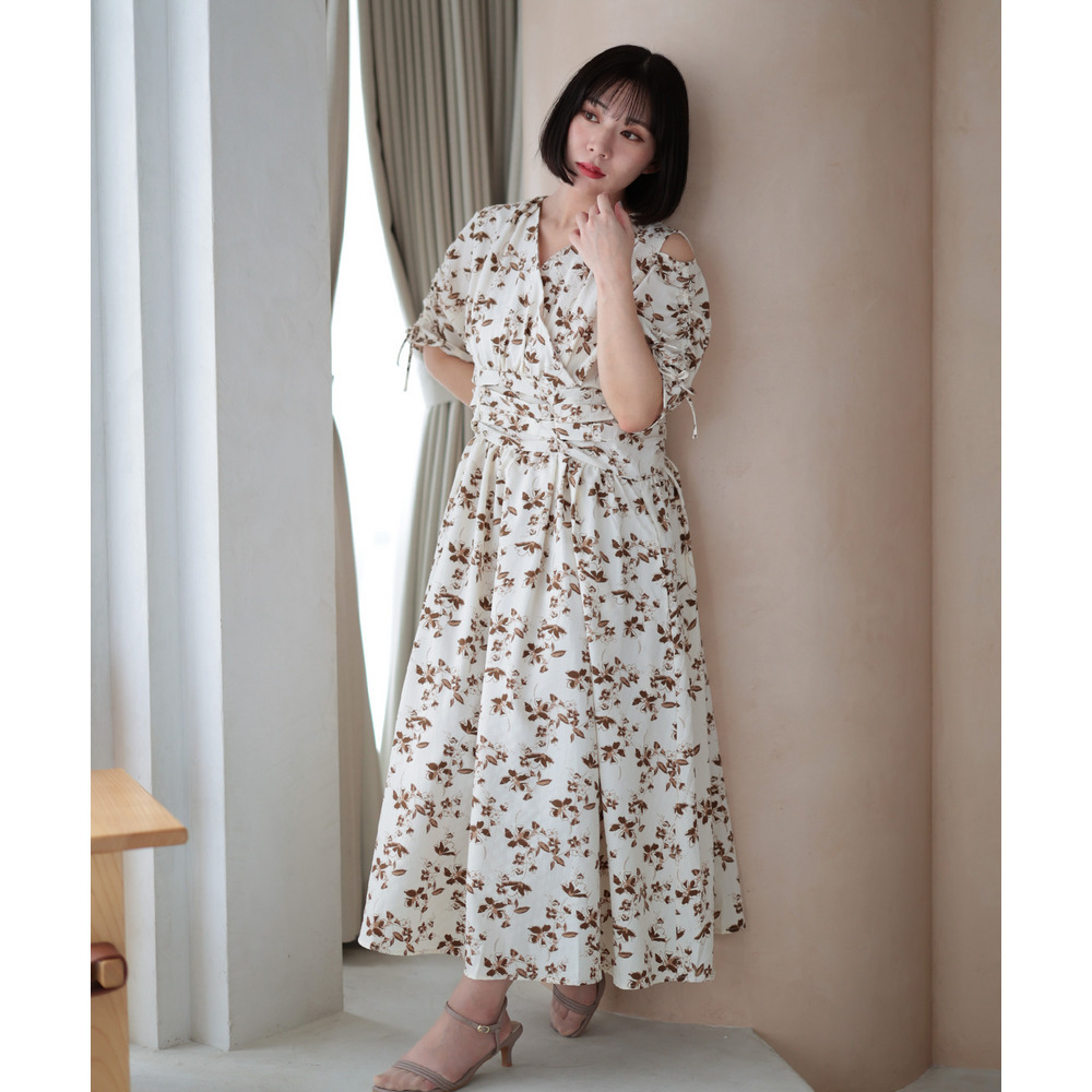 大きいサイズ レディース レトロフラワーウエストタックワンピース3