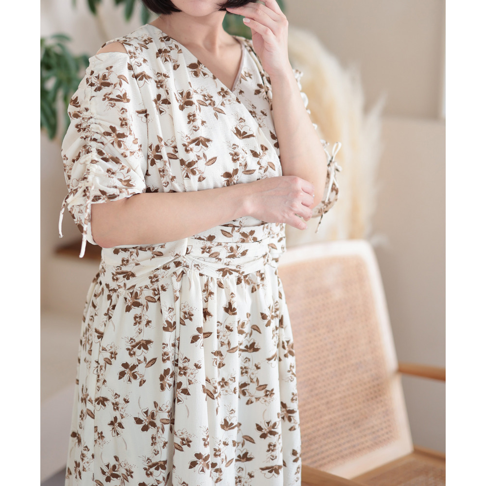 大きいサイズ レディース レトロフラワーウエストタックワンピース4