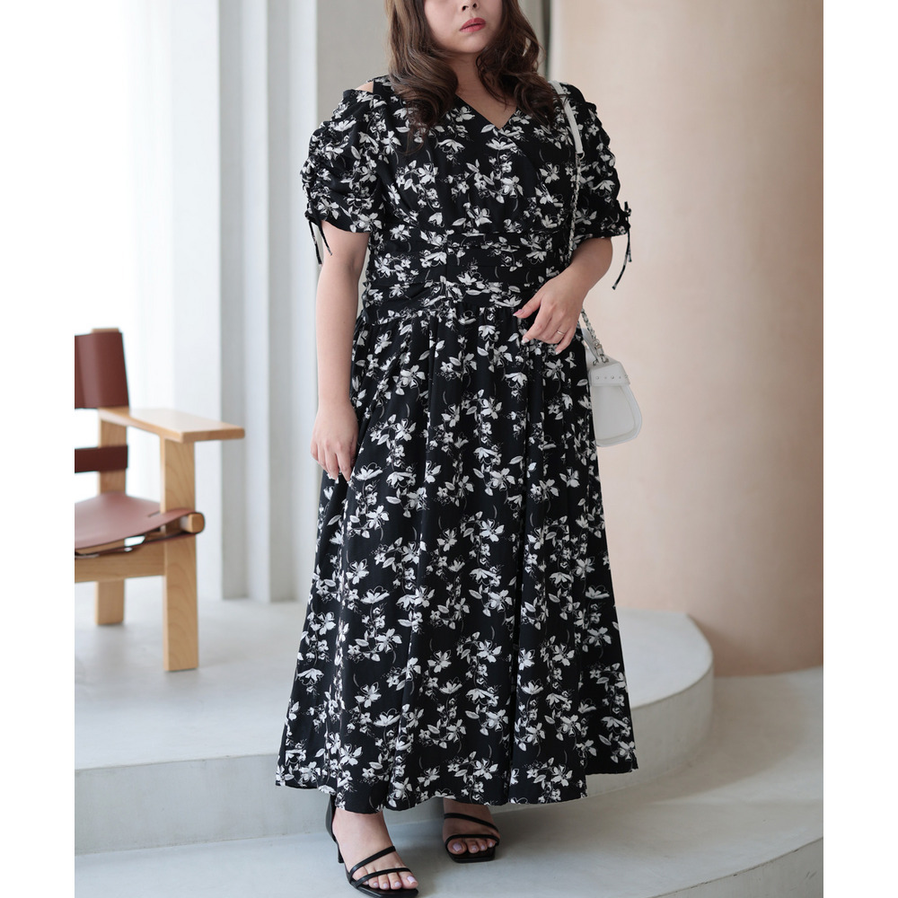 大きいサイズ レディース レトロフラワーウエストタックワンピース1