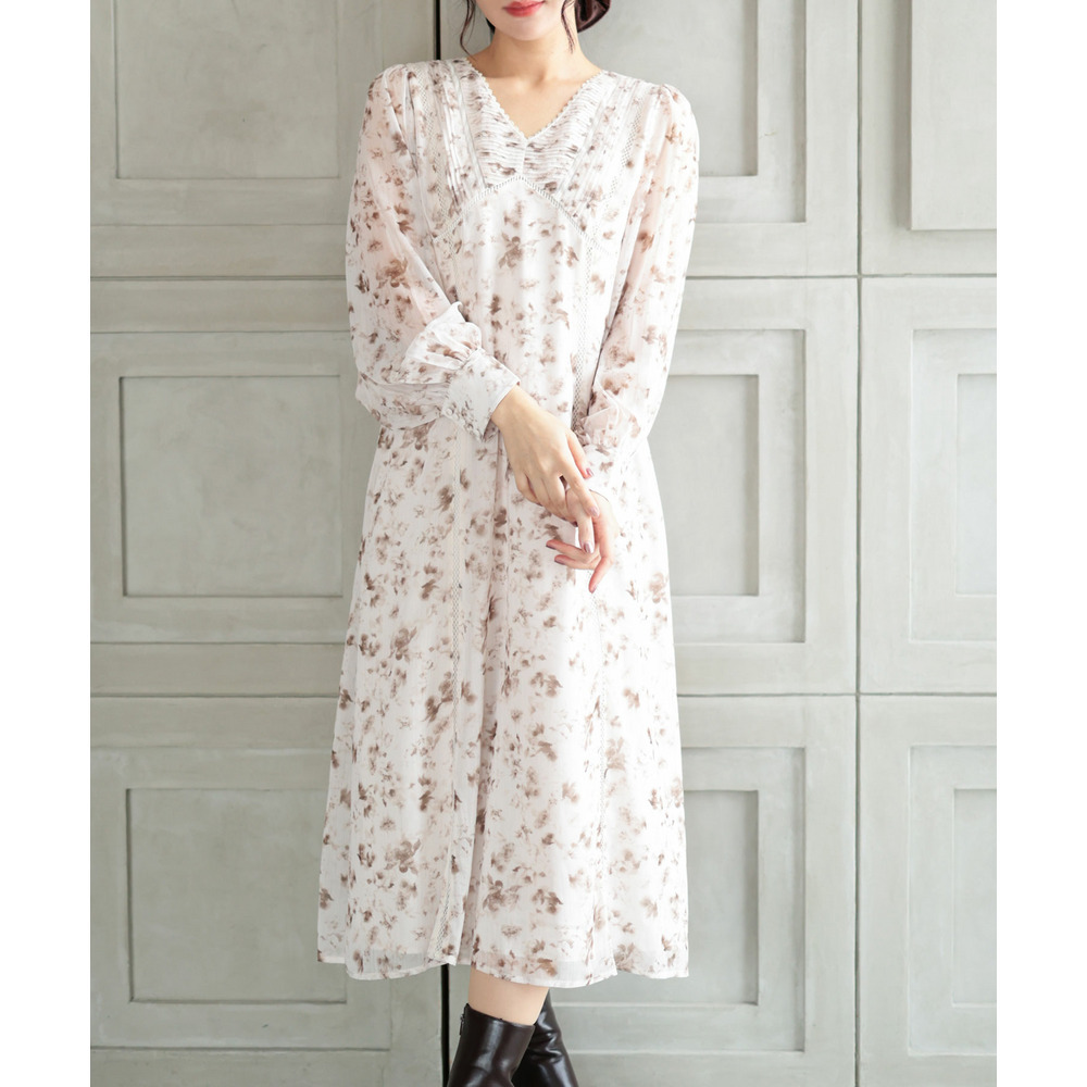 大きいサイズ レディース フラワープリントレース切替ワンピース