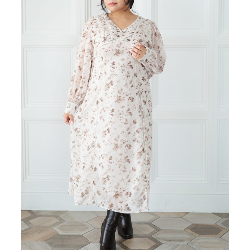 大きいサイズ レディース フラワープリントレース切替ワンピース10