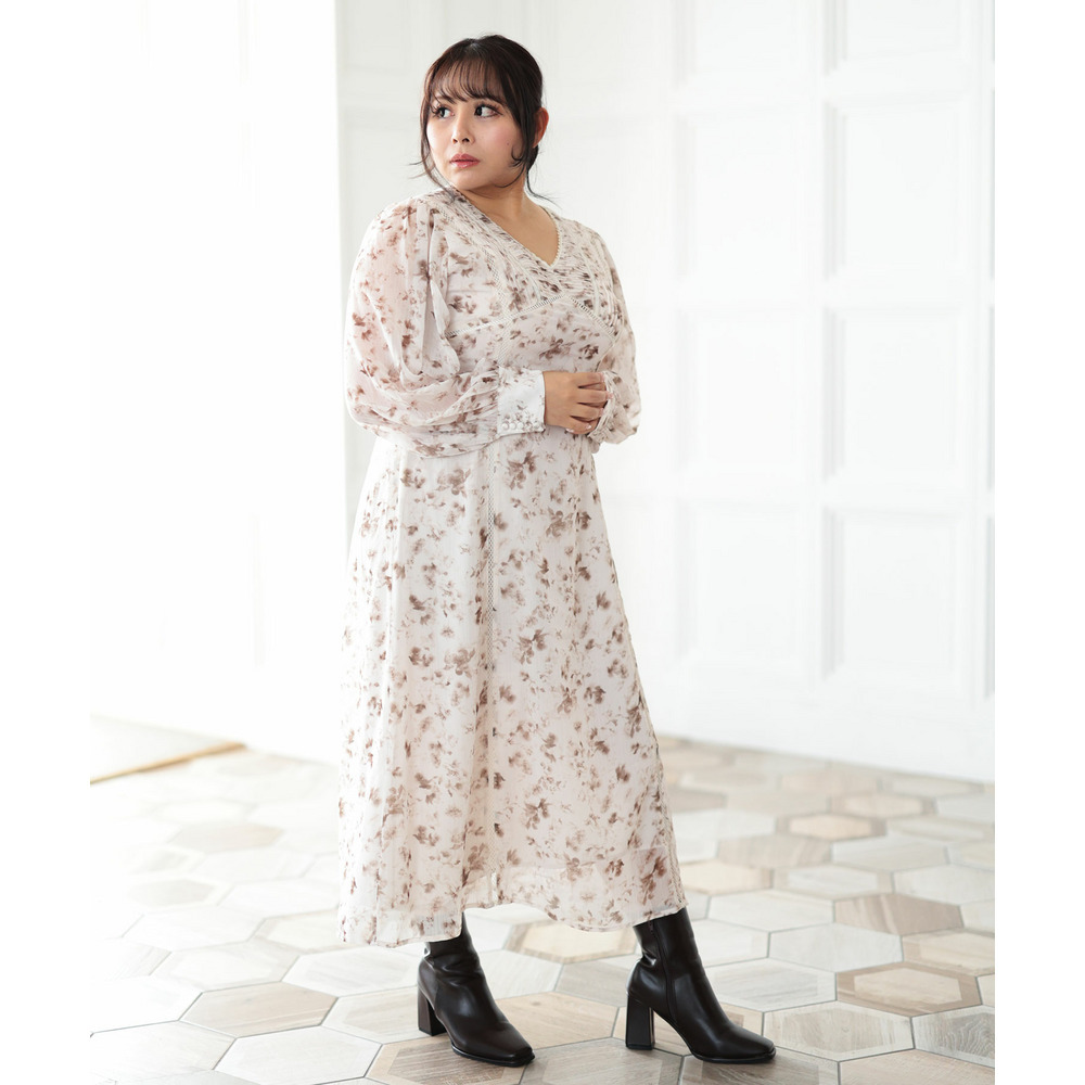 大きいサイズ レディース フラワープリントレース切替ワンピース11