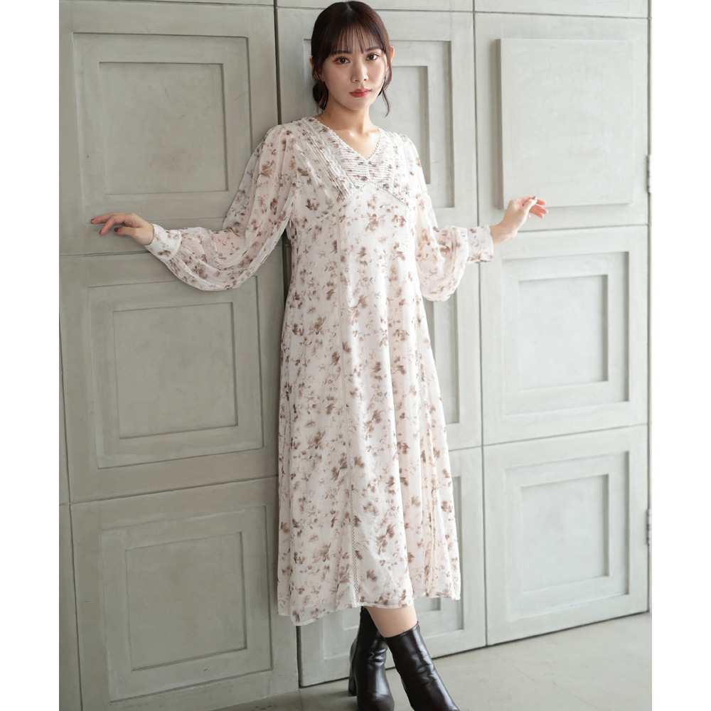 大きいサイズ レディース フラワープリントレース切替ワンピース17