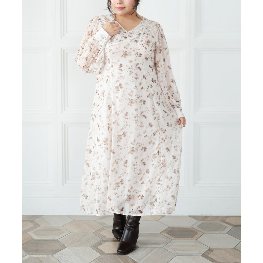 大きいサイズ レディース フラワープリントレース切替ワンピース7