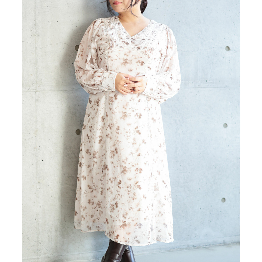 大きいサイズ レディース フラワープリントレース切替ワンピース8