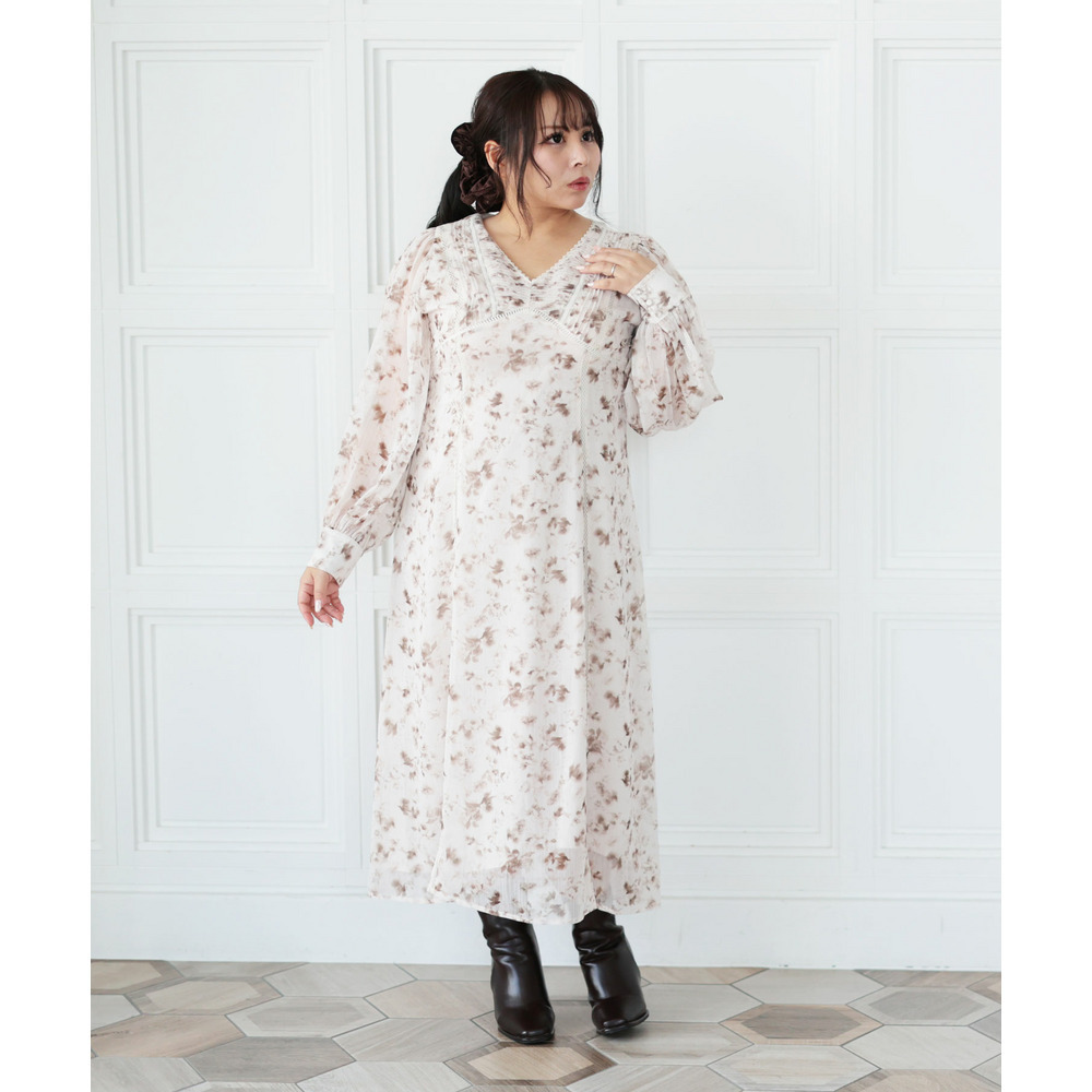 大きいサイズ レディース フラワープリントレース切替ワンピース9