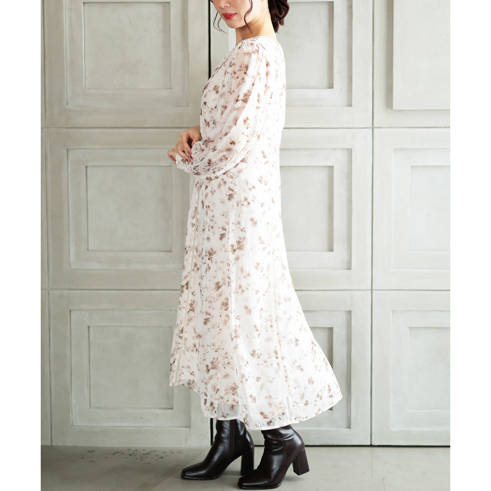 大きいサイズ レディース フラワープリントレース切替ワンピース1