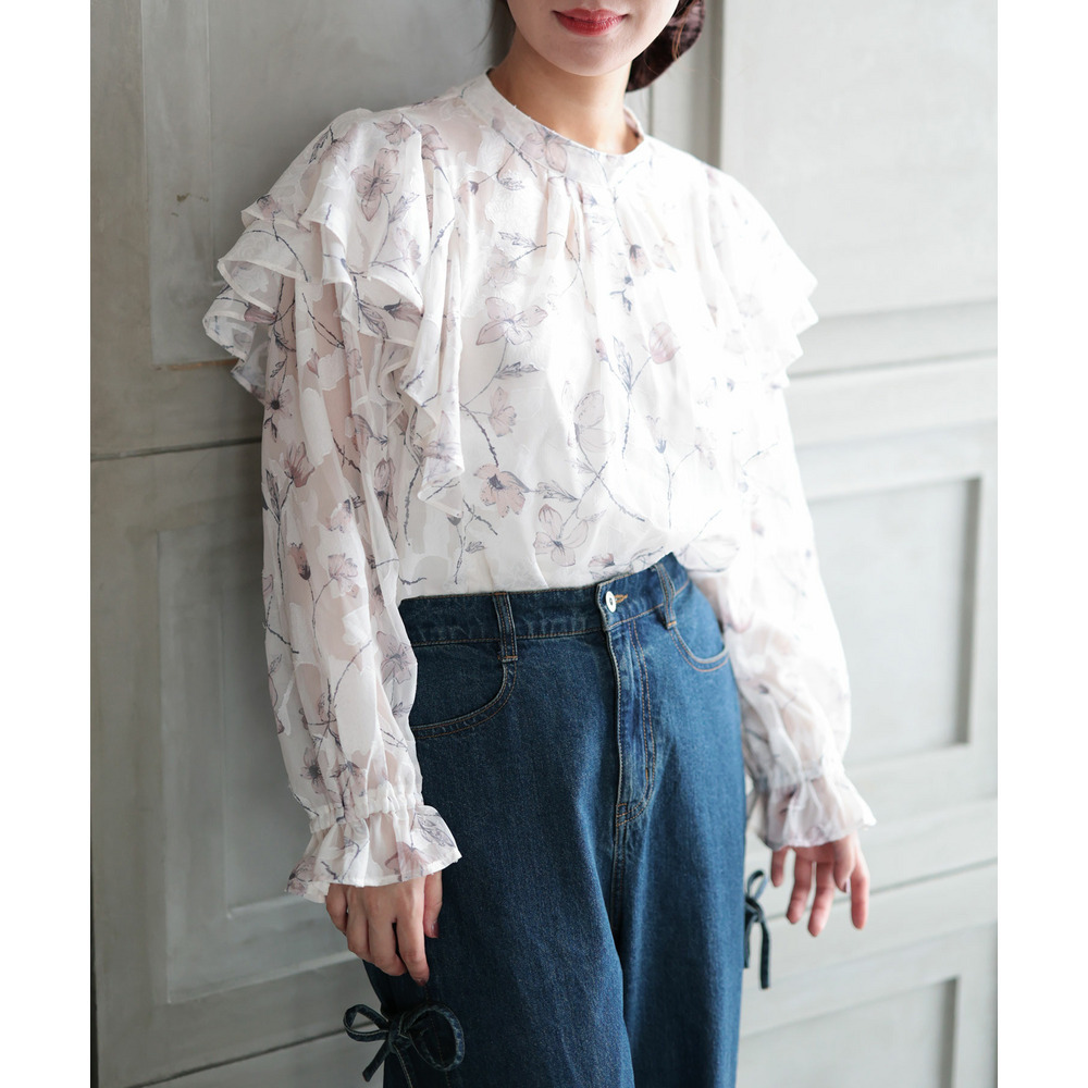 大きいサイズ レディース フラワージャガードシフォンブラウス