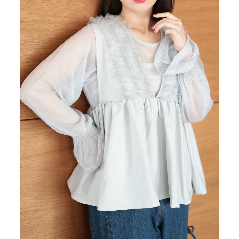 大きいサイズ レディース ペプラムベスト＆シアーブラウスセット