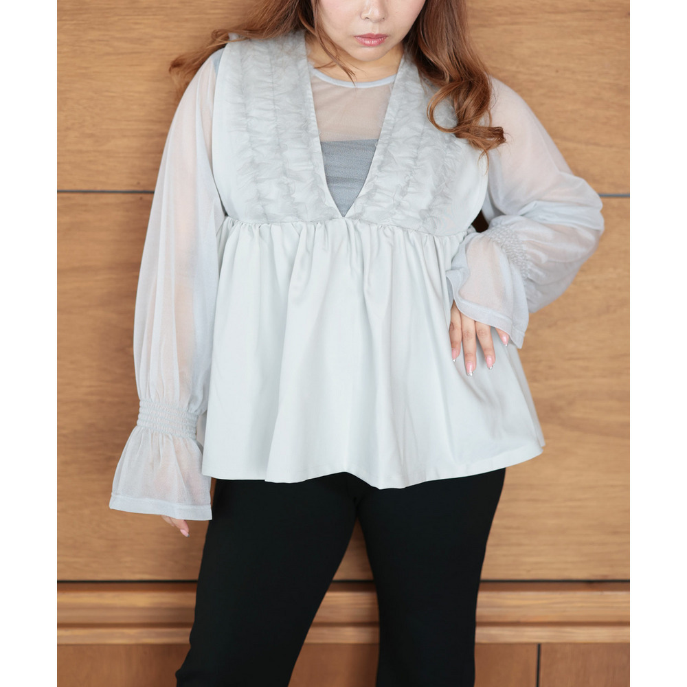 大きいサイズ レディース ペプラムベスト&シアーブラウスセット12