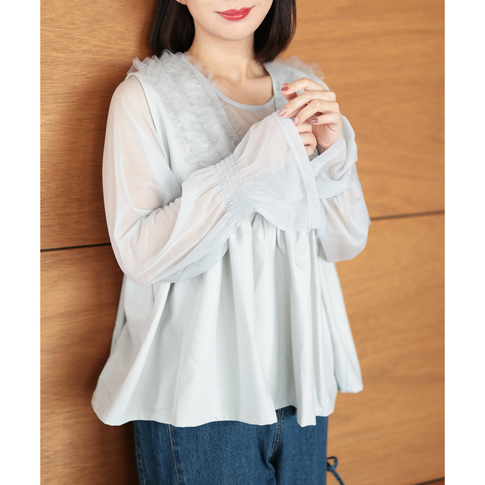 大きいサイズ レディース ペプラムベスト&シアーブラウスセット13