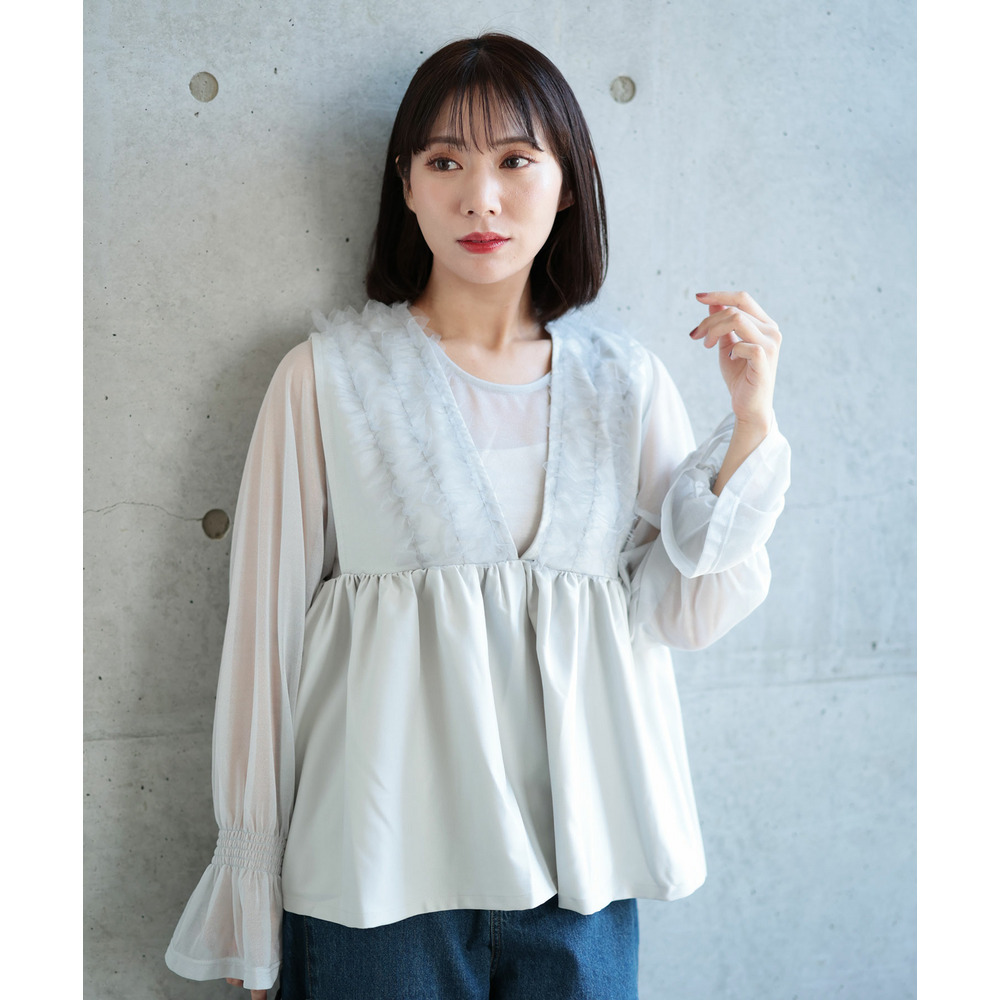 大きいサイズ レディース ペプラムベスト&シアーブラウスセット16