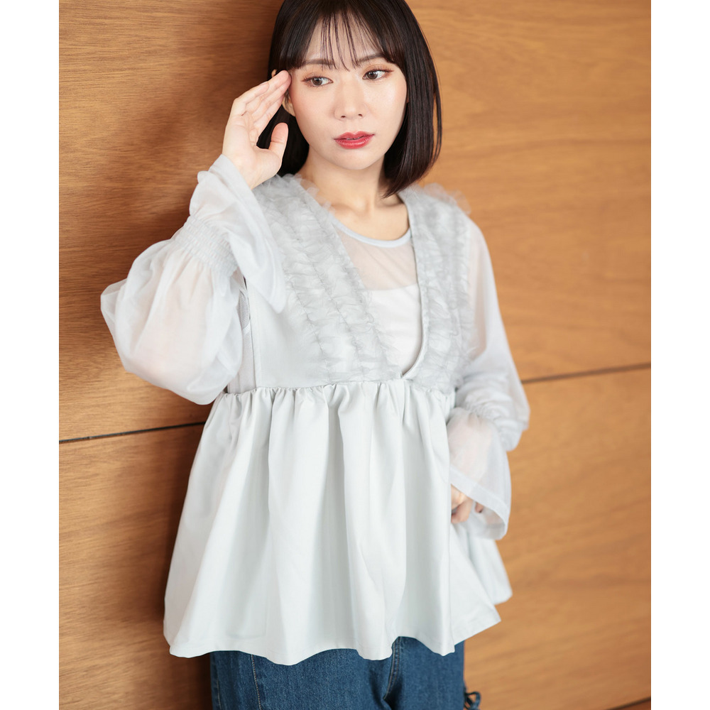 大きいサイズ レディース ペプラムベスト&シアーブラウスセット18