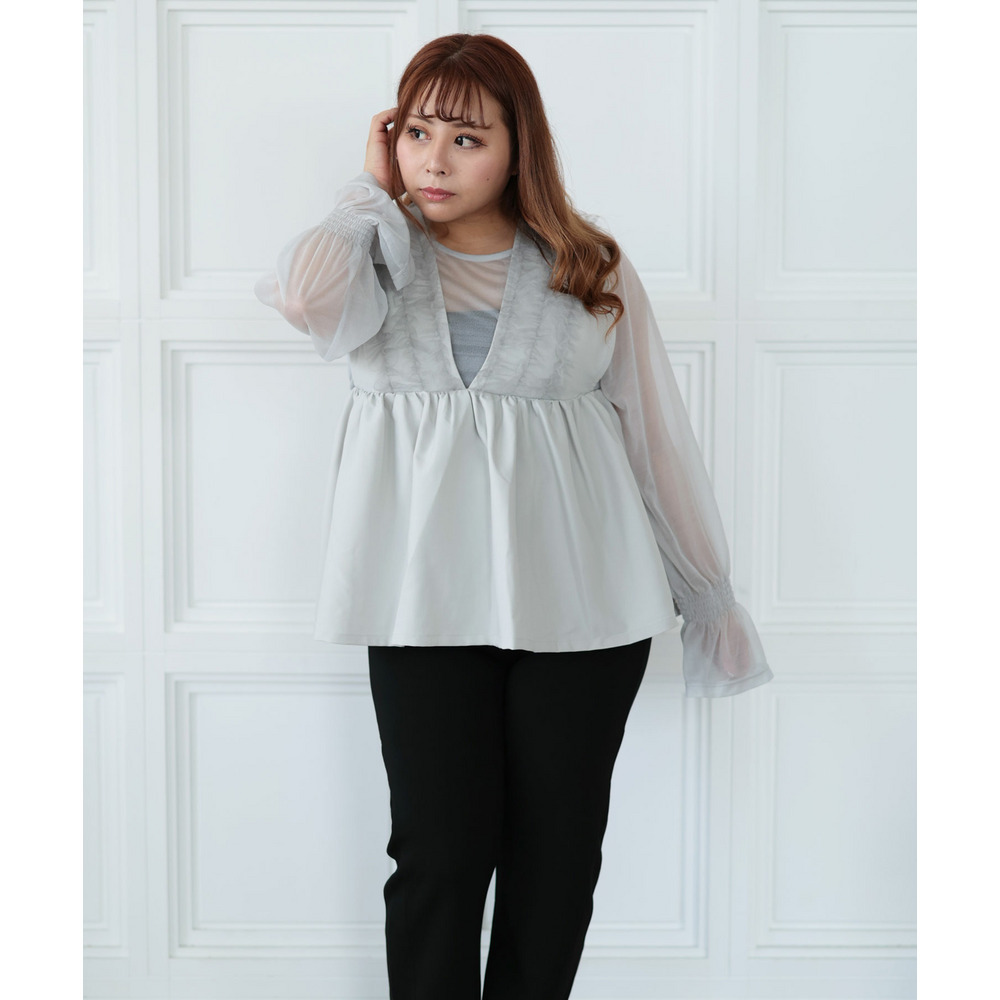 大きいサイズ レディース ペプラムベスト&シアーブラウスセット20