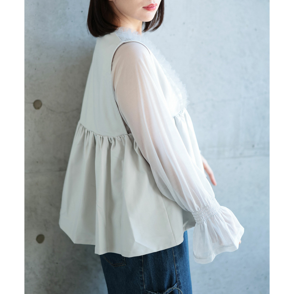 大きいサイズ レディース ペプラムベスト&シアーブラウスセット3