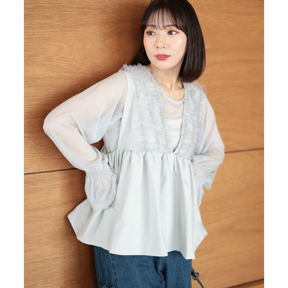 大きいサイズ レディース ペプラムベスト&シアーブラウスセット4