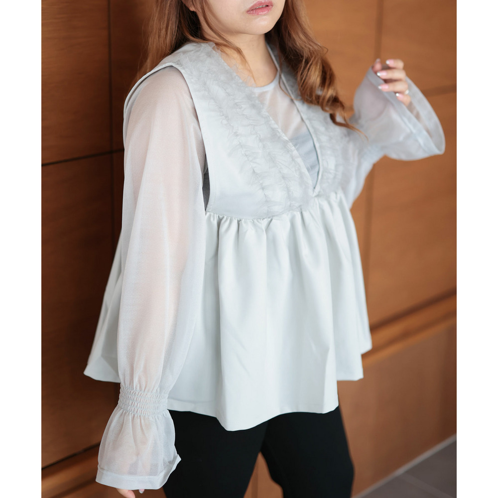 大きいサイズ レディース ペプラムベスト&シアーブラウスセット8