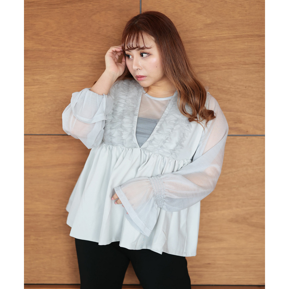 大きいサイズ レディース ペプラムベスト&シアーブラウスセット9