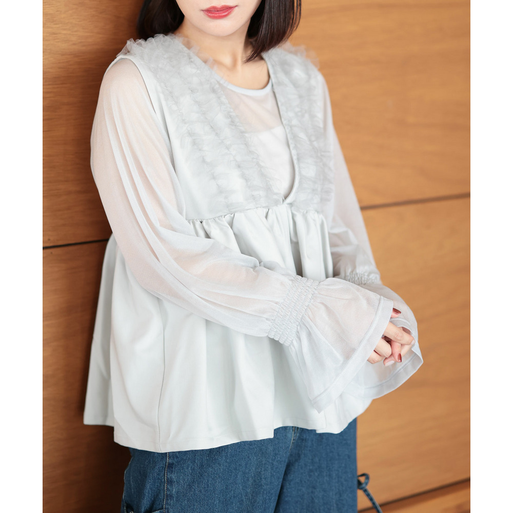 大きいサイズ レディース ペプラムベスト&シアーブラウスセット1