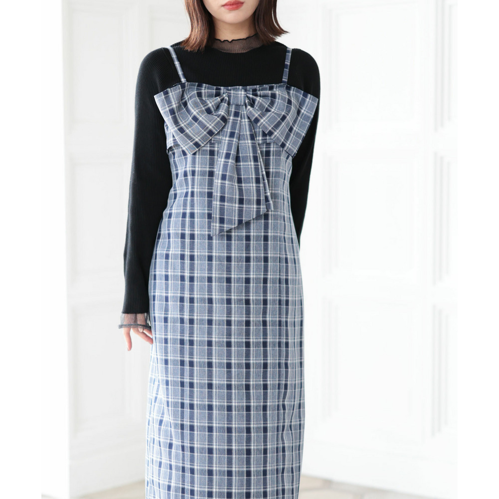 大きいサイズ レディース リボンチェックキャミワンピース