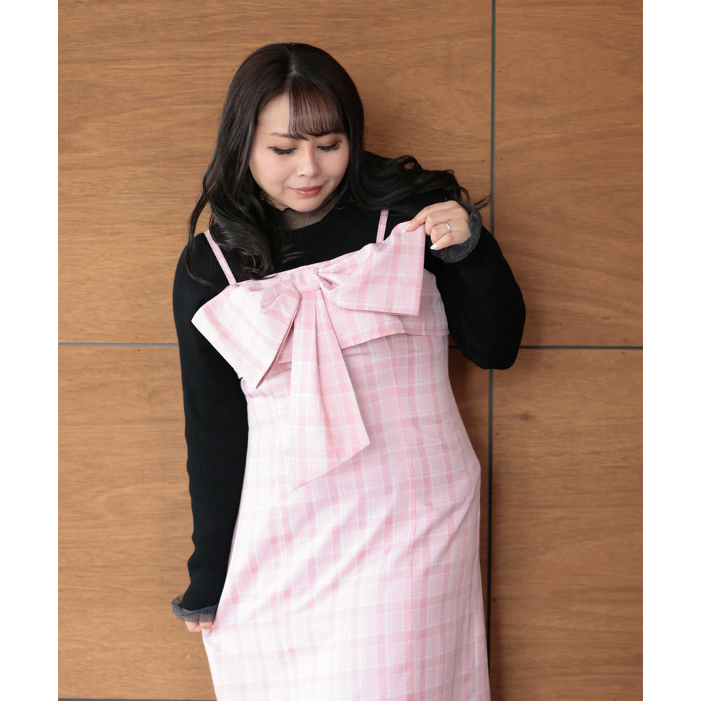 大きいサイズ レディース リボンチェックキャミワンピース10