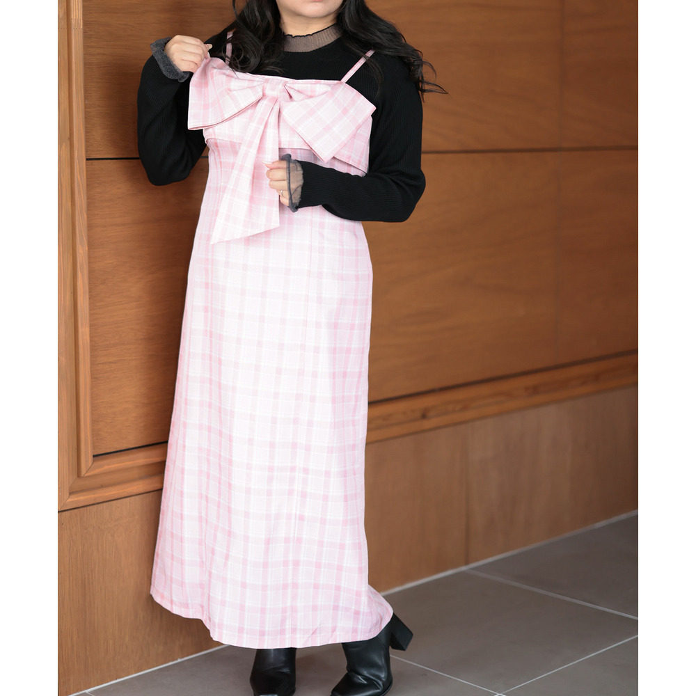 大きいサイズ レディース リボンチェックキャミワンピース11