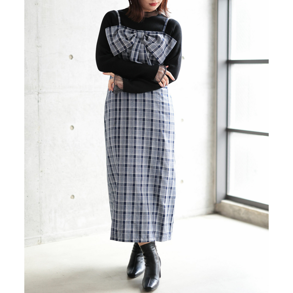 大きいサイズ レディース リボンチェックキャミワンピース12