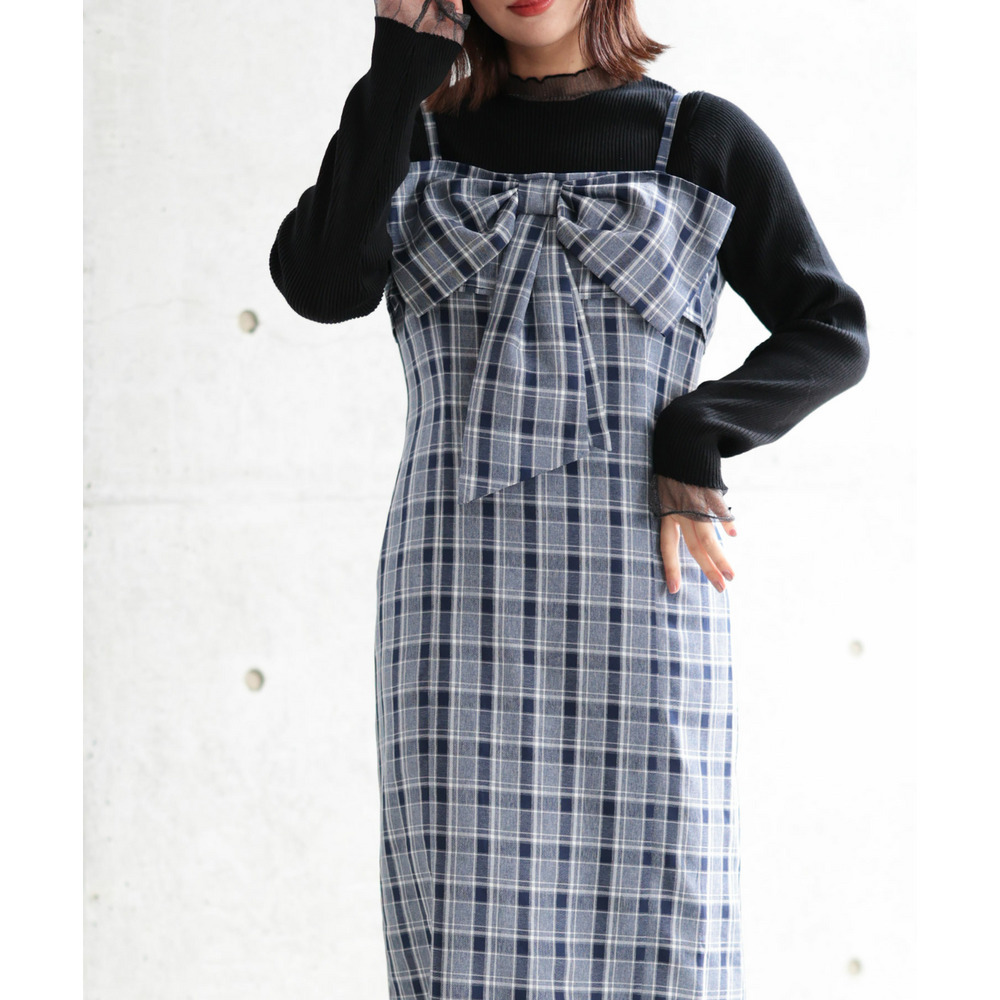 大きいサイズ レディース リボンチェックキャミワンピース13