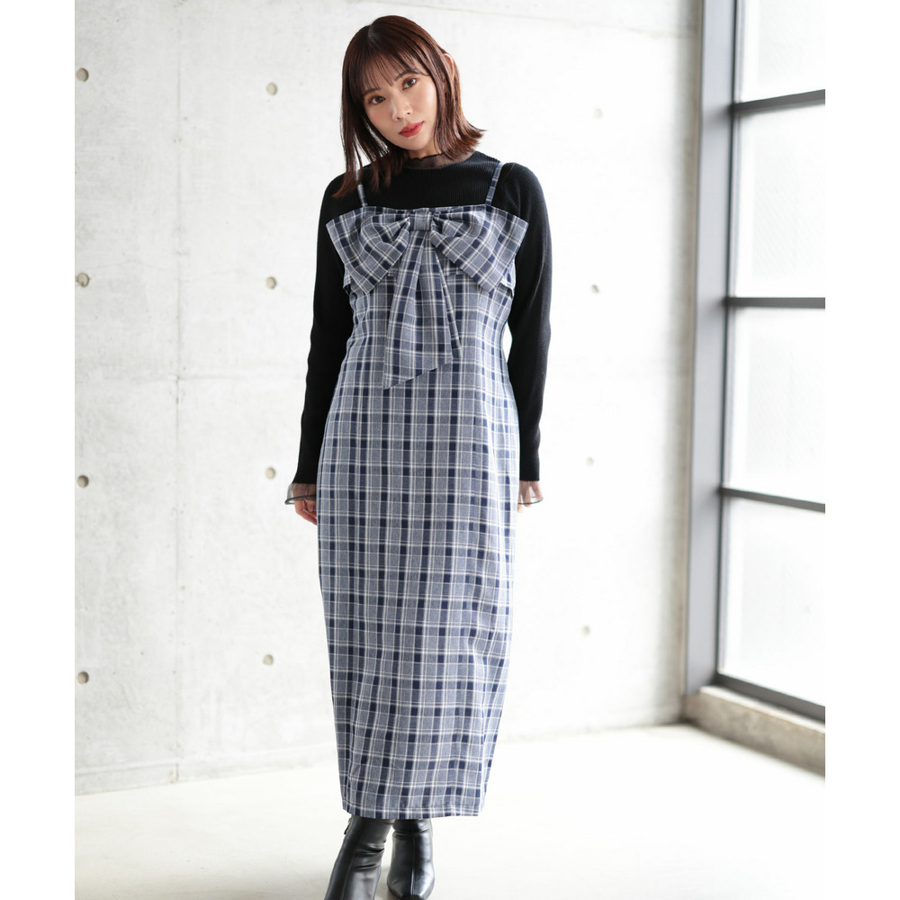 大きいサイズ レディース リボンチェックキャミワンピース14
