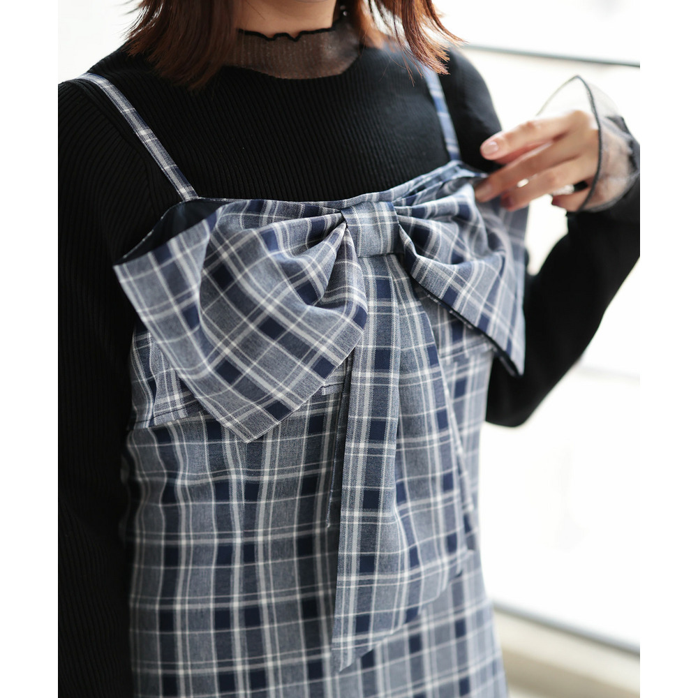 大きいサイズ レディース リボンチェックキャミワンピース15