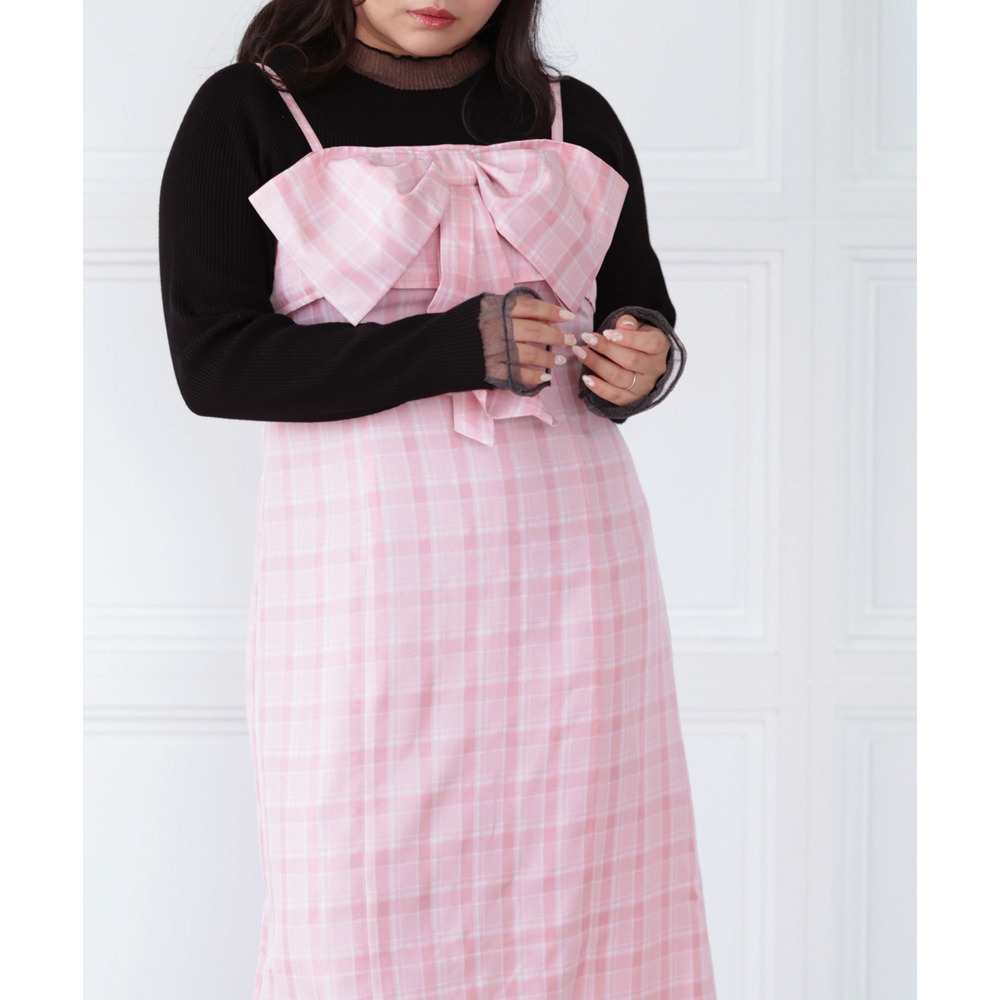 大きいサイズ レディース リボンチェックキャミワンピース17