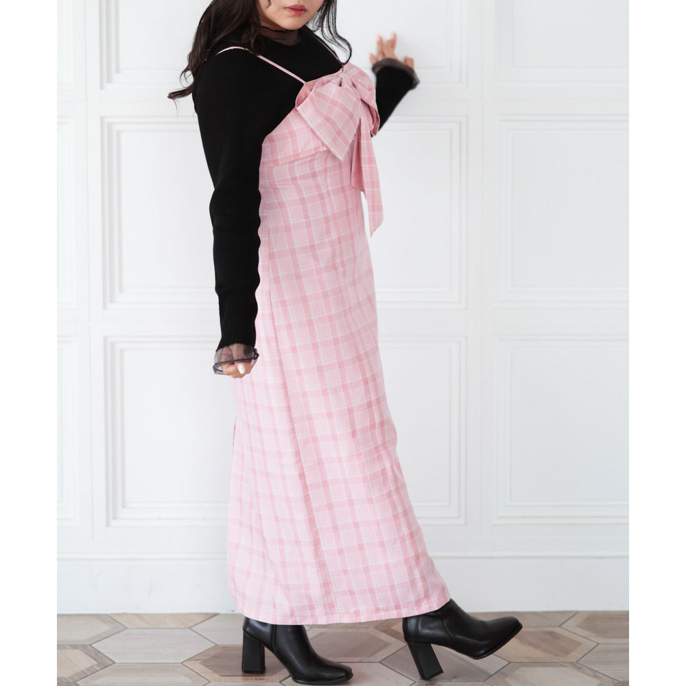 大きいサイズ レディース リボンチェックキャミワンピース18