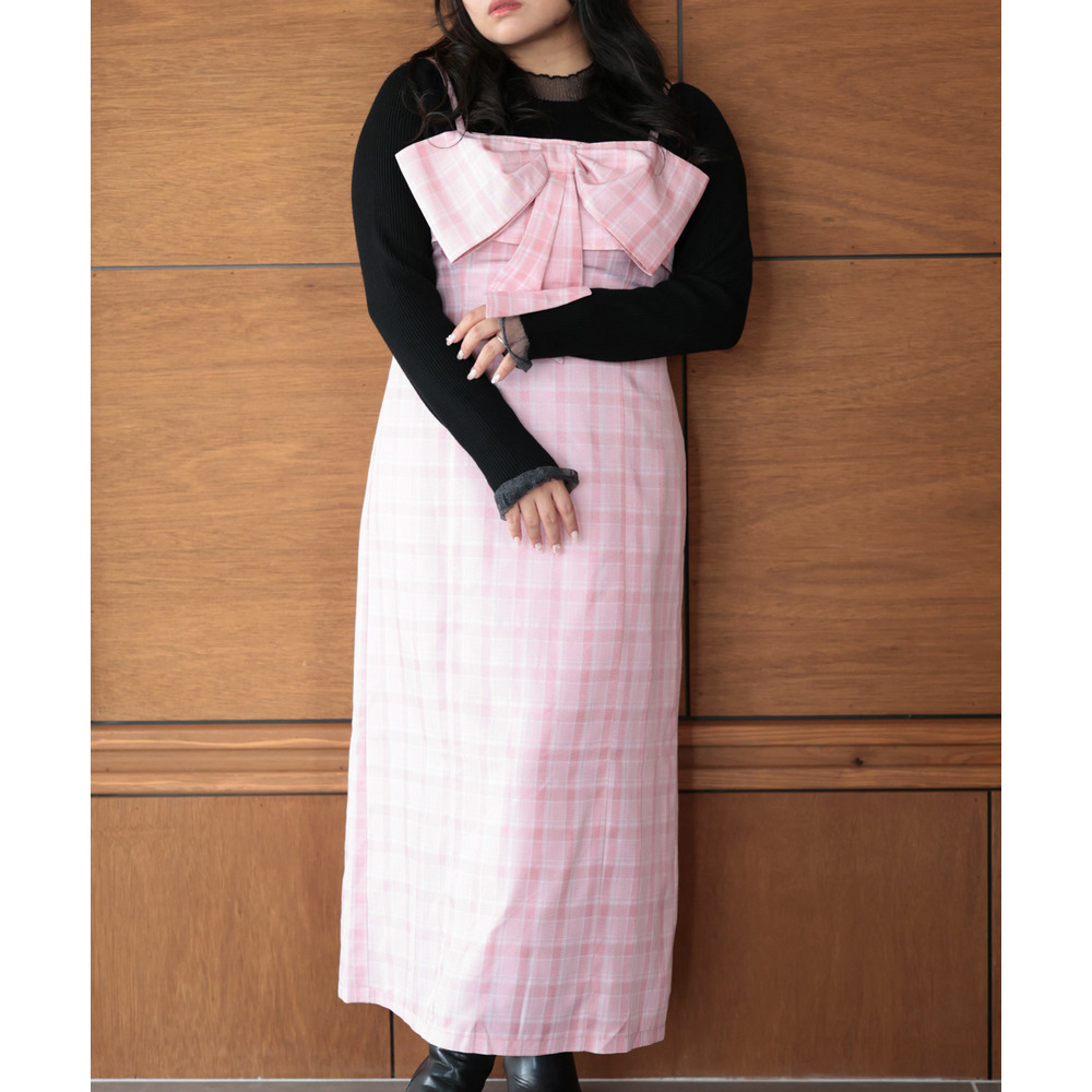 大きいサイズ レディース リボンチェックキャミワンピース2