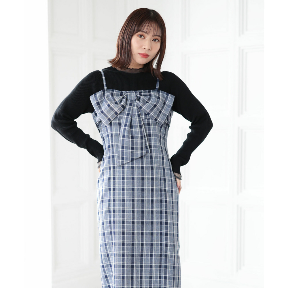 大きいサイズ レディース リボンチェックキャミワンピース4