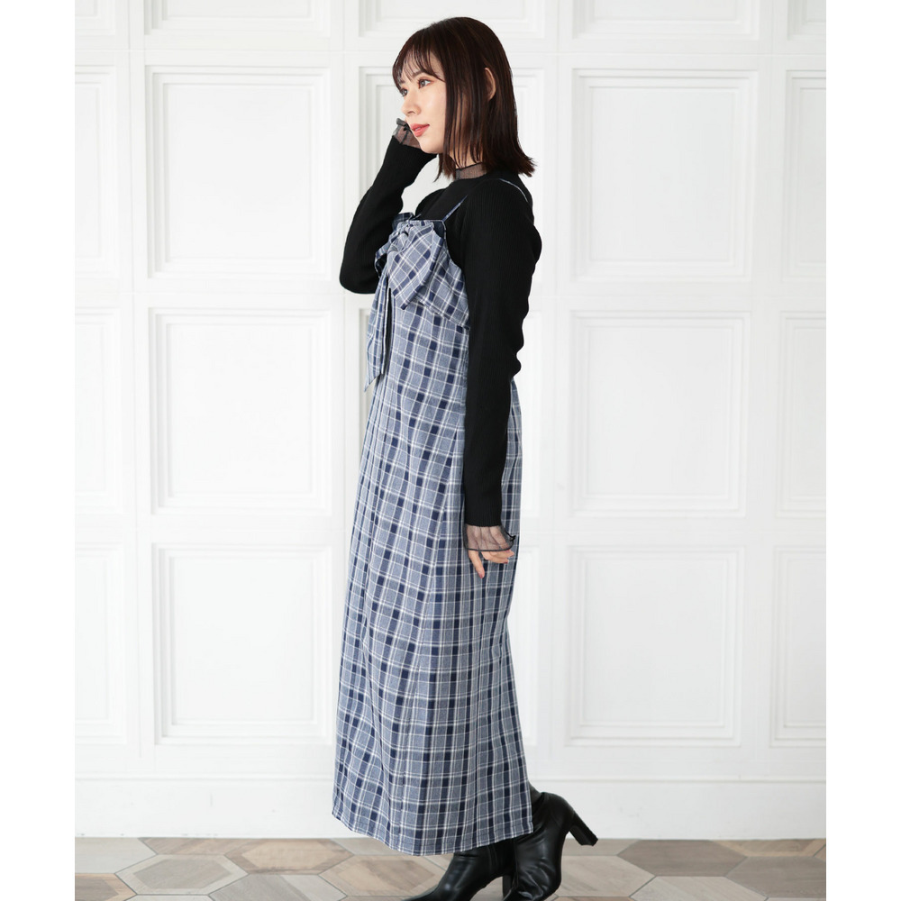 大きいサイズ レディース リボンチェックキャミワンピース5