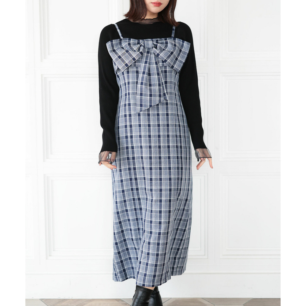 大きいサイズ レディース リボンチェックキャミワンピース7