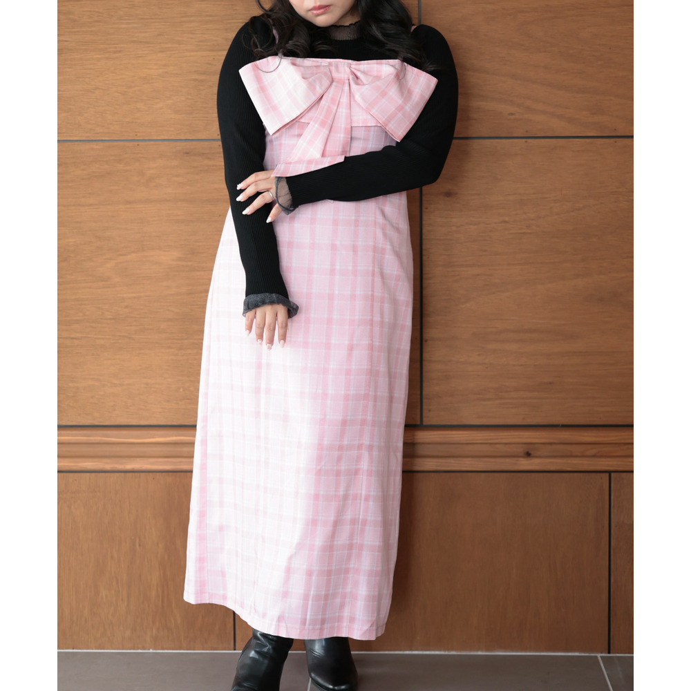 大きいサイズ レディース リボンチェックキャミワンピース8