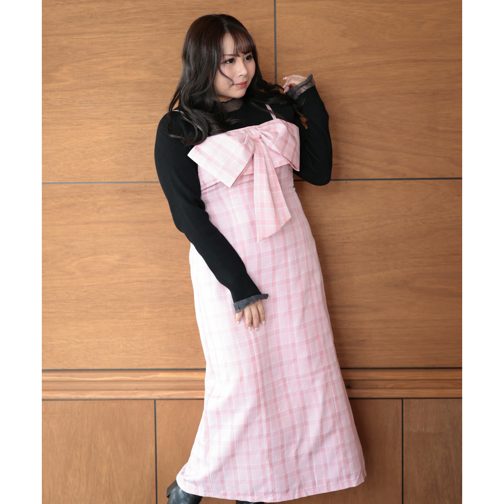 大きいサイズ レディース リボンチェックキャミワンピース9