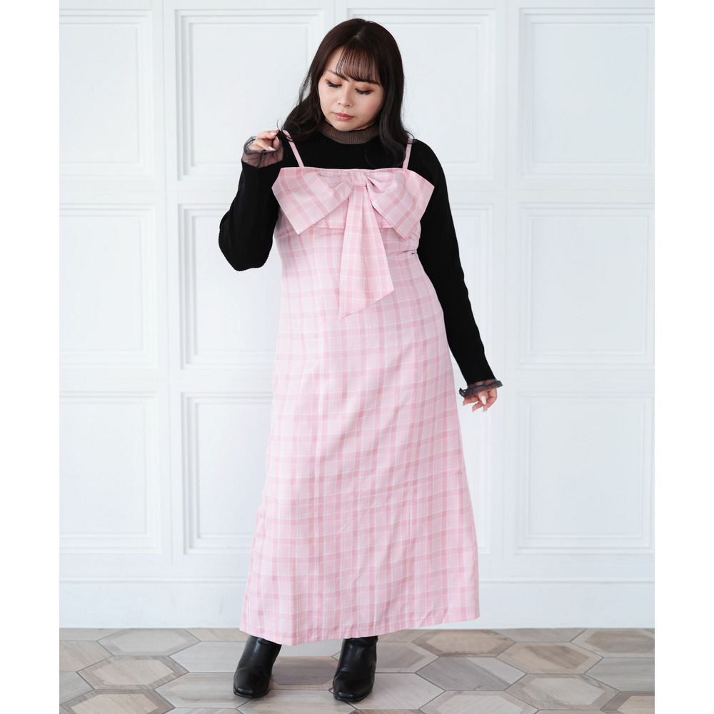 大きいサイズ レディース リボンチェックキャミワンピース1