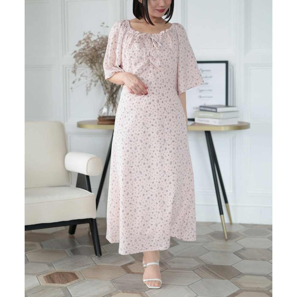 大きいサイズ レディース フラワーミストギャザーワンピース