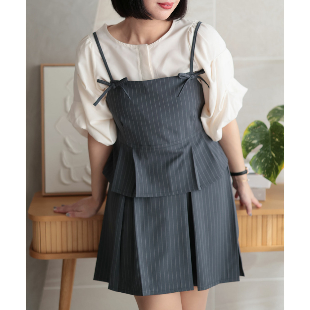 大きいサイズ レディース ピンストライプキャミソール＆インナーパンツスカートセットアップ