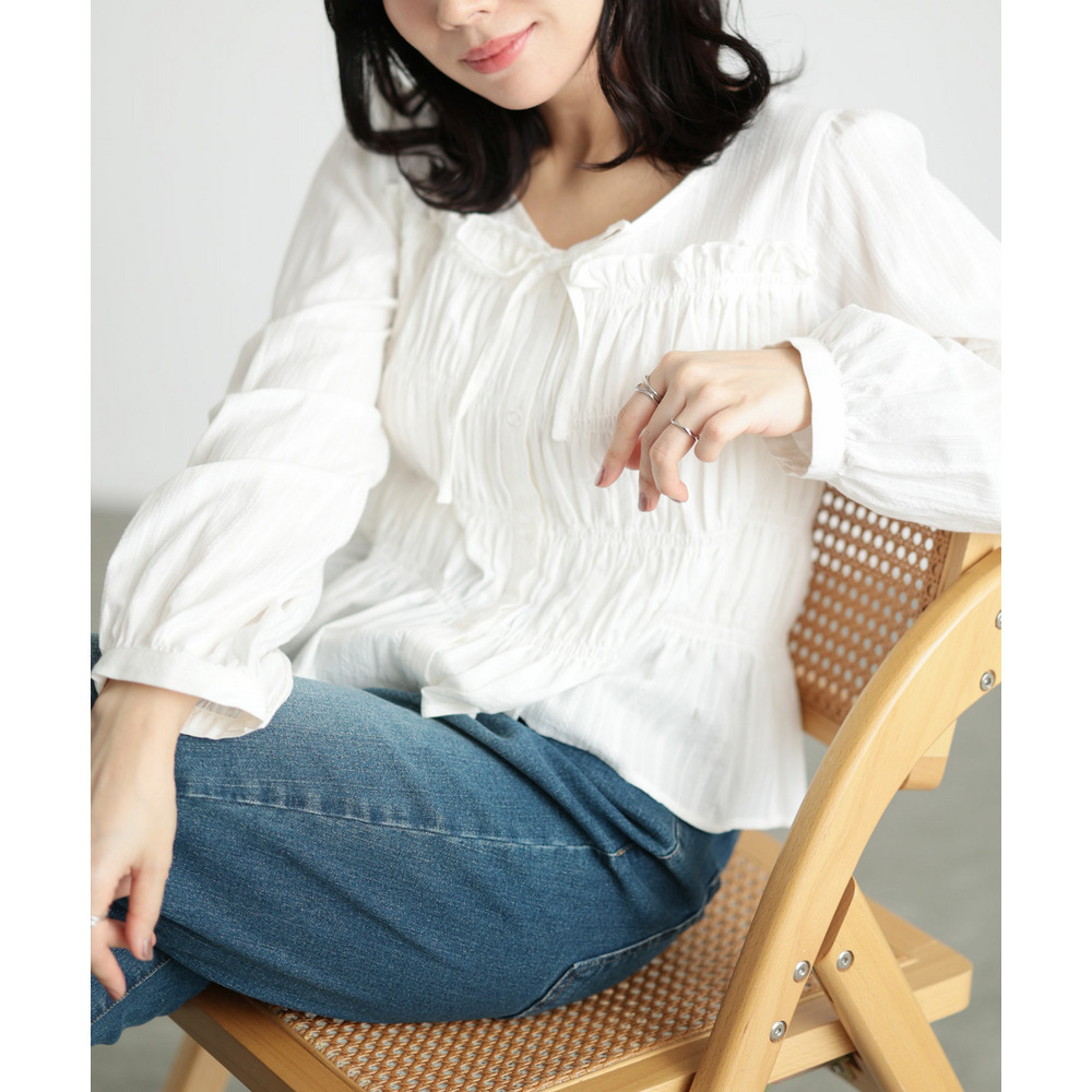 大きいサイズ レディース リボンネックシャーリングコットンブラウス