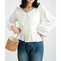 大きいサイズ レディース リボンネックシャーリングコットンブラウス