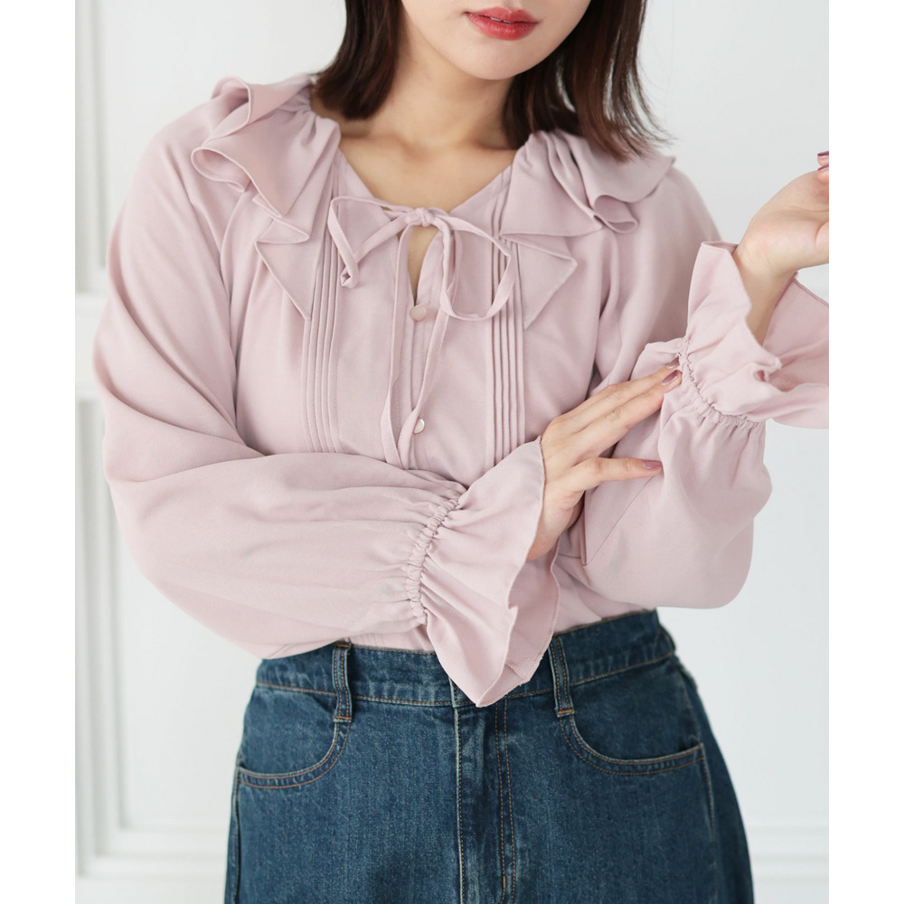 大きいサイズ レディース フリルネックリボンブラウス