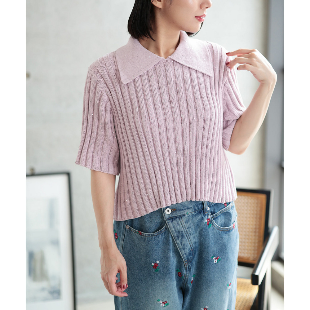 大きいサイズ レディース スパンコール衿付きニット