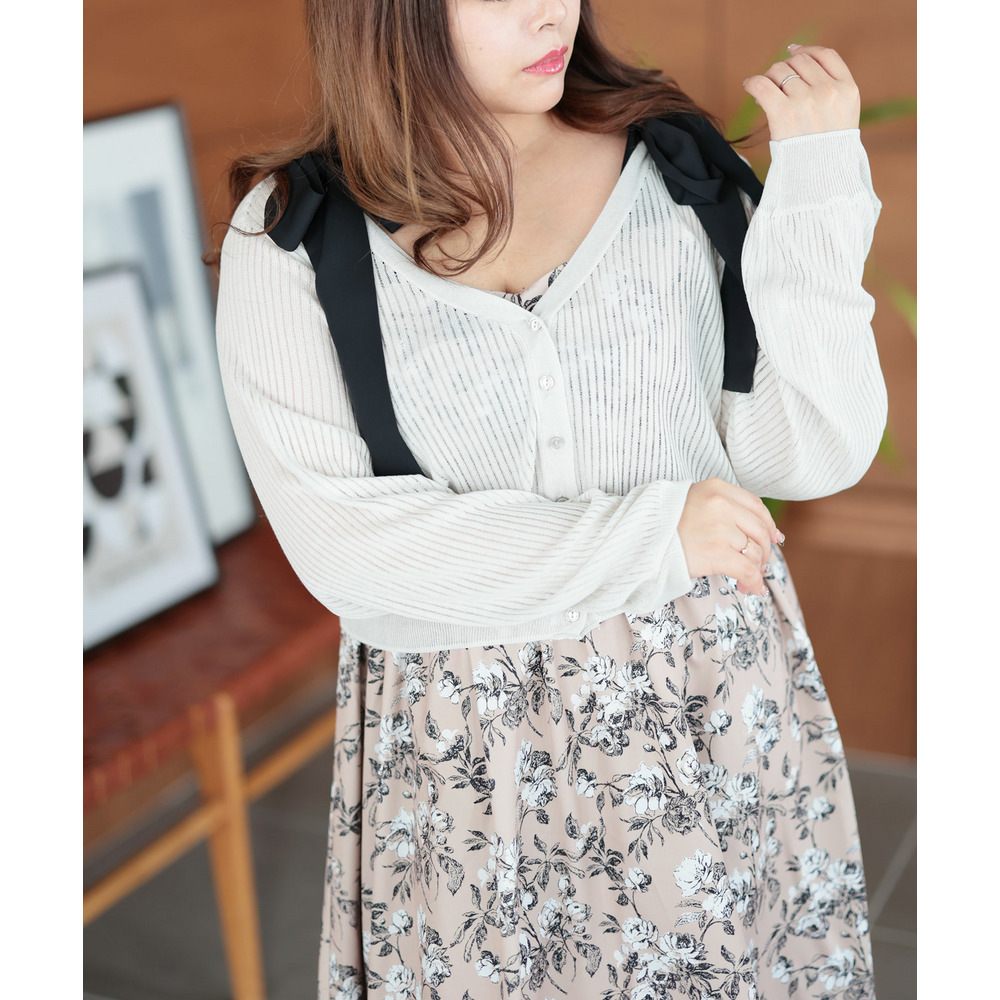 大きいサイズ レディース 透かしストライプカーディガン