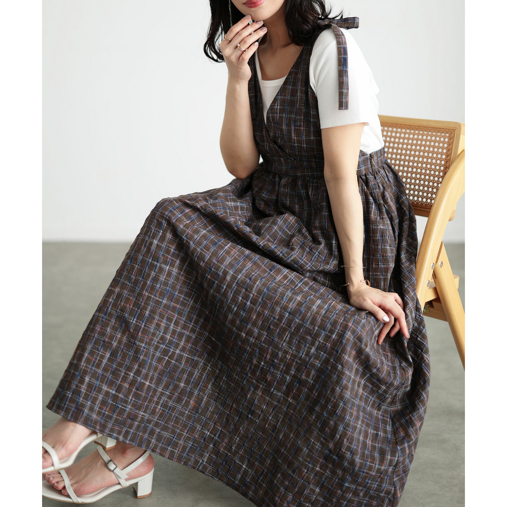 チェック柄リボンショルダーVネックジャンパースカート 大きいサイズ レディース