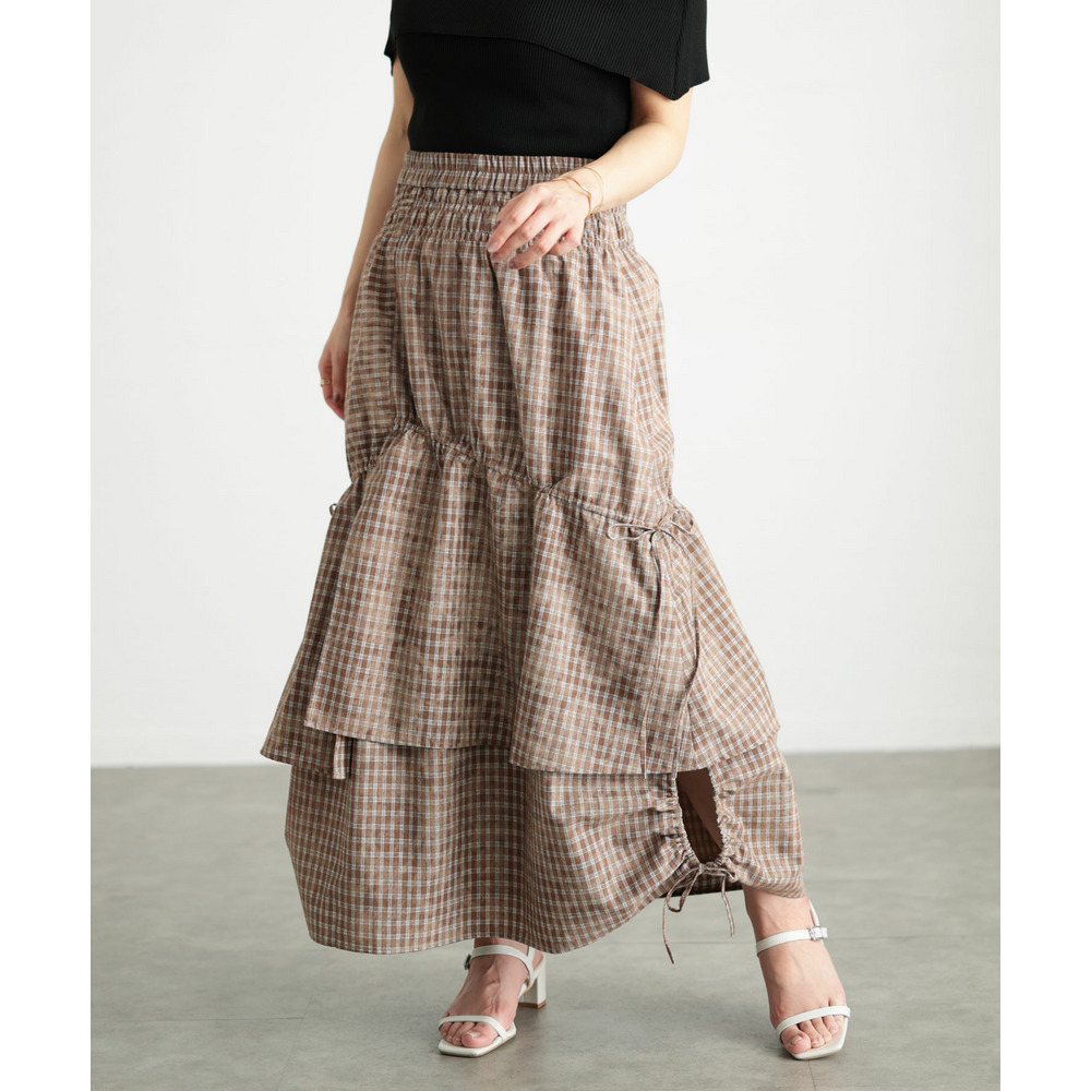 ドロストチェックティアードロングスカート 大きいサイズ レディース