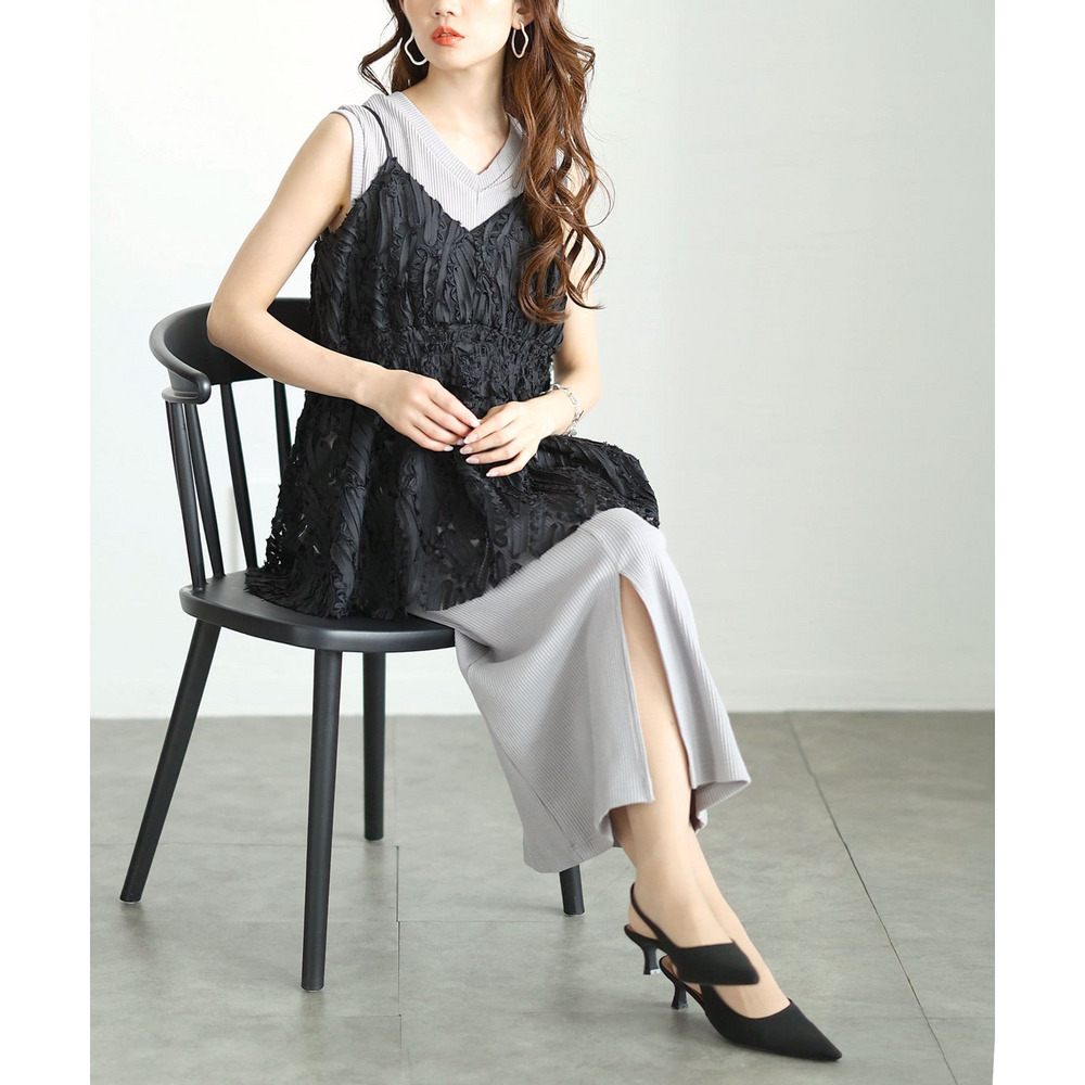 コード刺繍風キャミソール＆リブワンピースセットアップ 大きいサイズ レディース